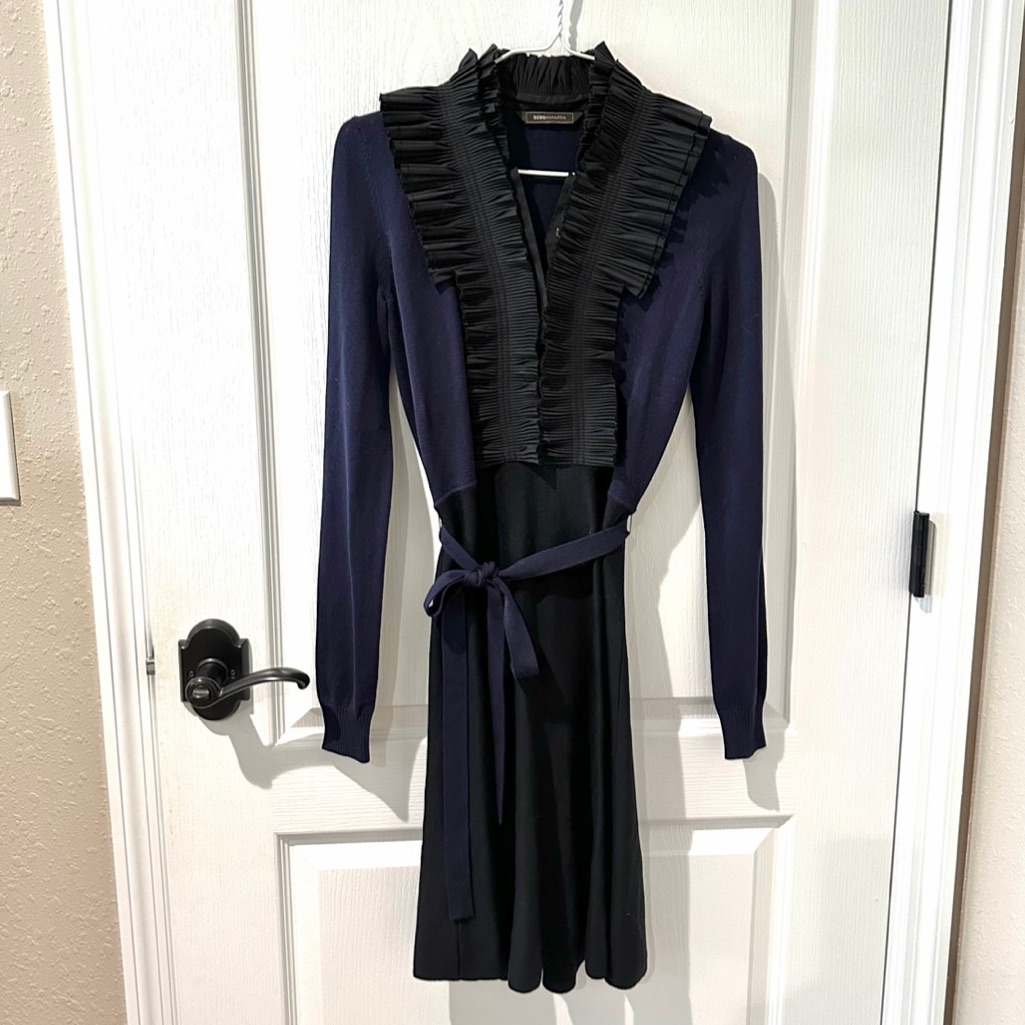 Bcbg Maxazria Black Tuxedo Trim Matte Jersey Silk Blend Dress